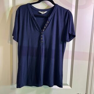 Market & Spruce Navy Ribbed Short‎ Sleeve Henley Top XL